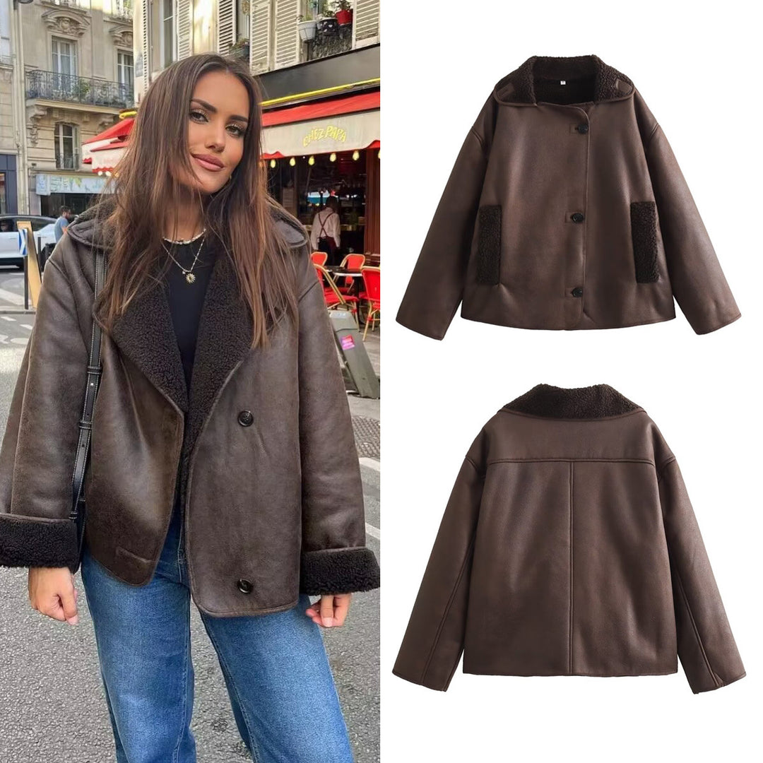 Women Short Lambskin Look Pilot Jacket with Teddy Lining and Button Placket Mune Fashion