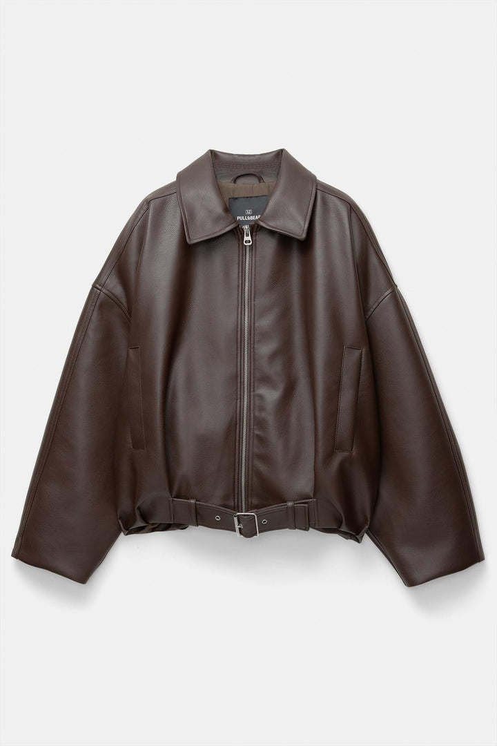 Women Oversized Leatherette Blouson with Waist Belt Mune Fashion