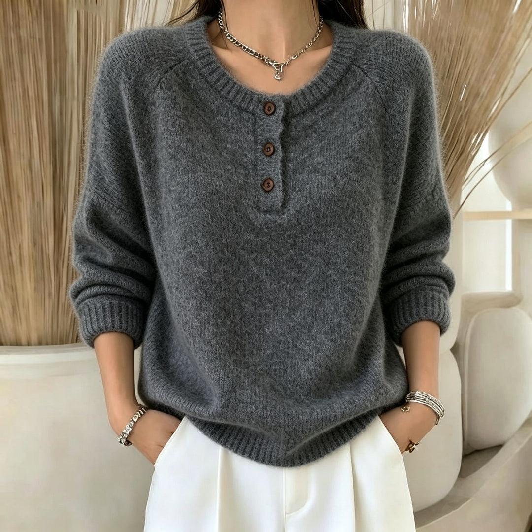 Women's Cozy Round Neck Henley Sweater with Button Placket and Raglan Sleeves Mune Fashion