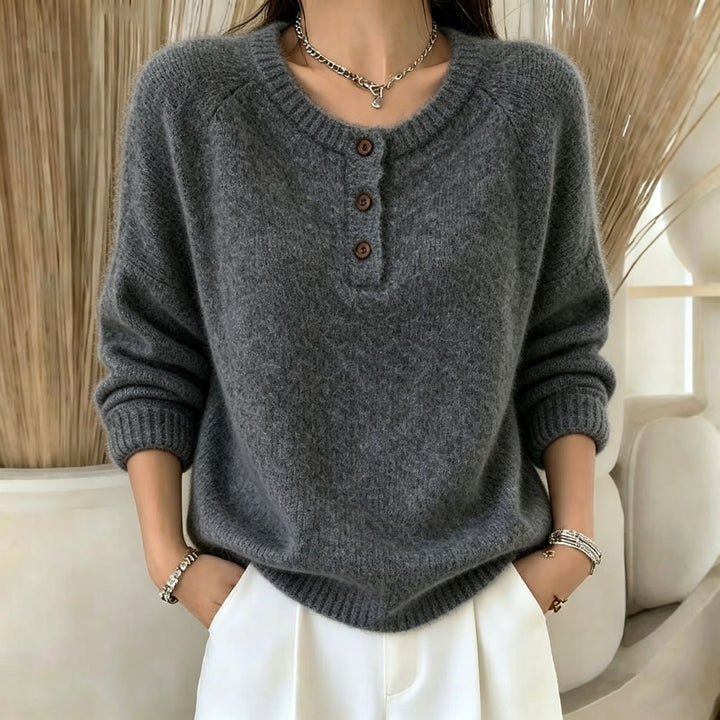 Women's Cozy Round Neck Henley Sweater with Button Placket and Raglan Sleeves Mune Fashion
