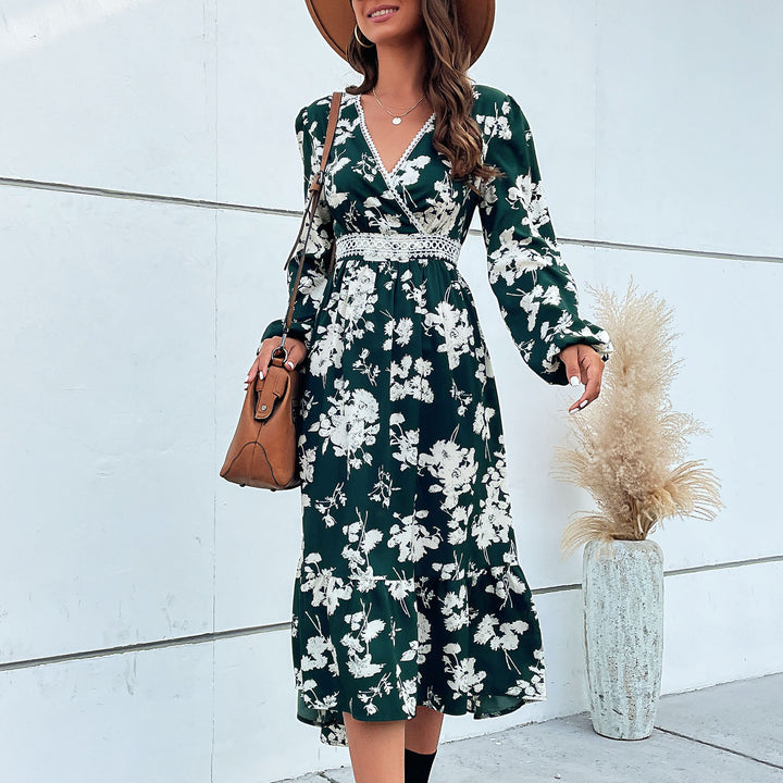 Women's Floral Midi Dress with V-Neck, Lace Trim and Waist-Defining Wrap Look Mune Fashion