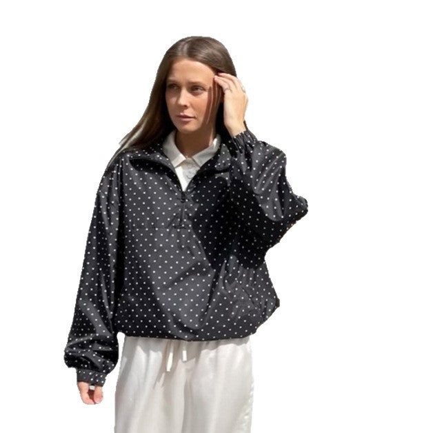 Women's Lightweight Polka Dot Half-Zip Transitional Jacket with Stand-Up Collar and Drawstring Mune Fashion