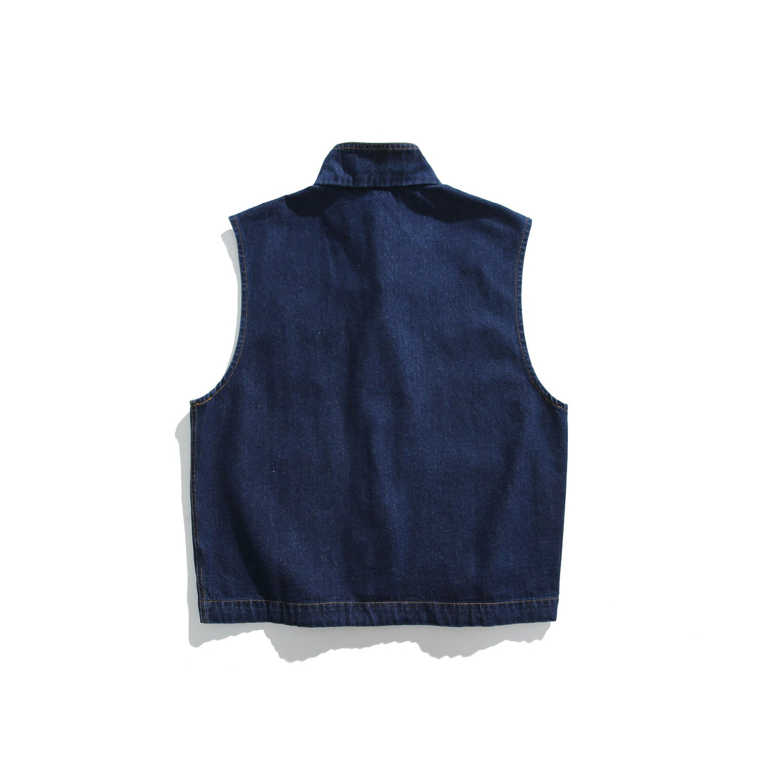 Unisex Denim Vest in Utility Style with Stand-Up Collar Mune Fashion