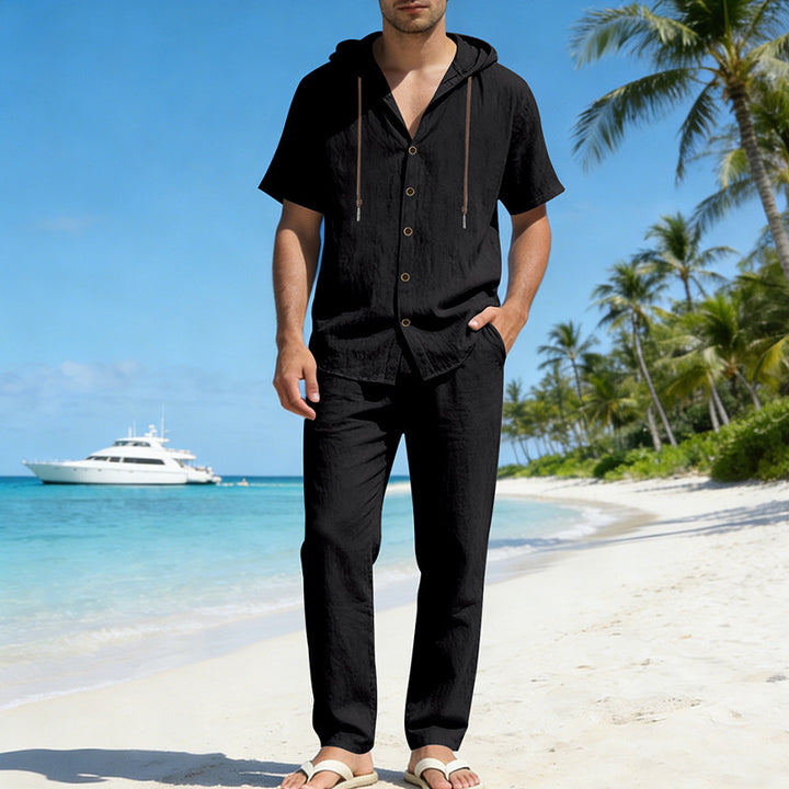 Men's urban leisure set with short-sleeved hoodie shirt, button placket, and straight comfort pants with drawstring Mune Fashion