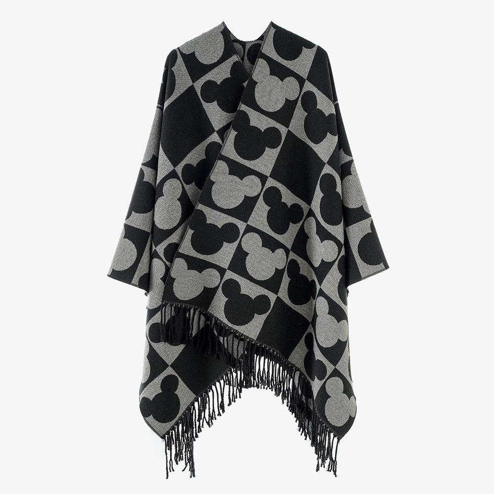 Women Oversize Jacquard Poncho with Graphic Head Silhouette Pattern and Fringes Mune Fashion