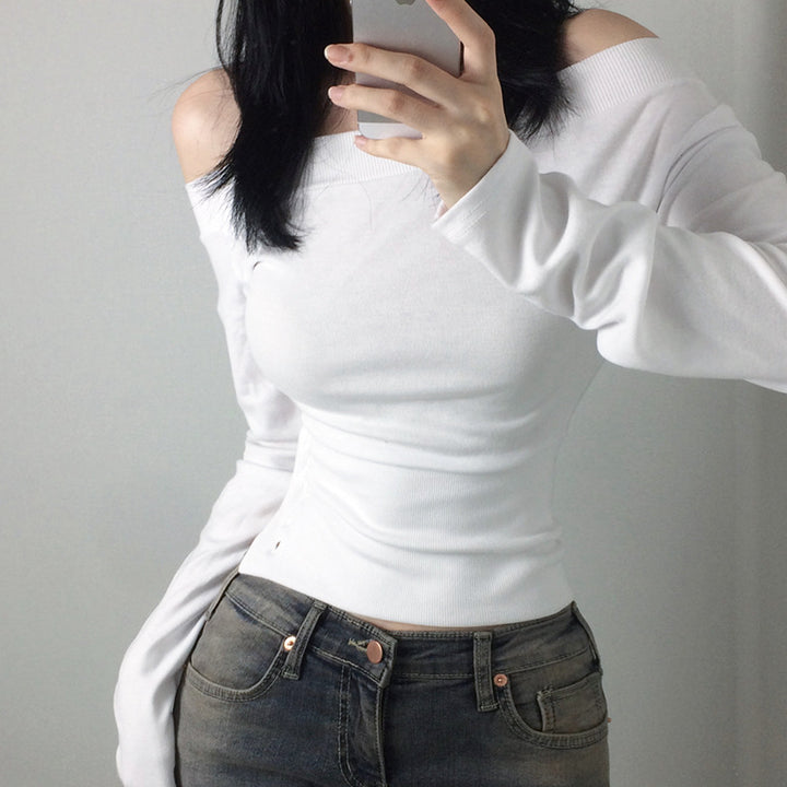 Women's off-the-shoulder long sleeve shirt with tailored silhouette and side button placket Mune Fashion