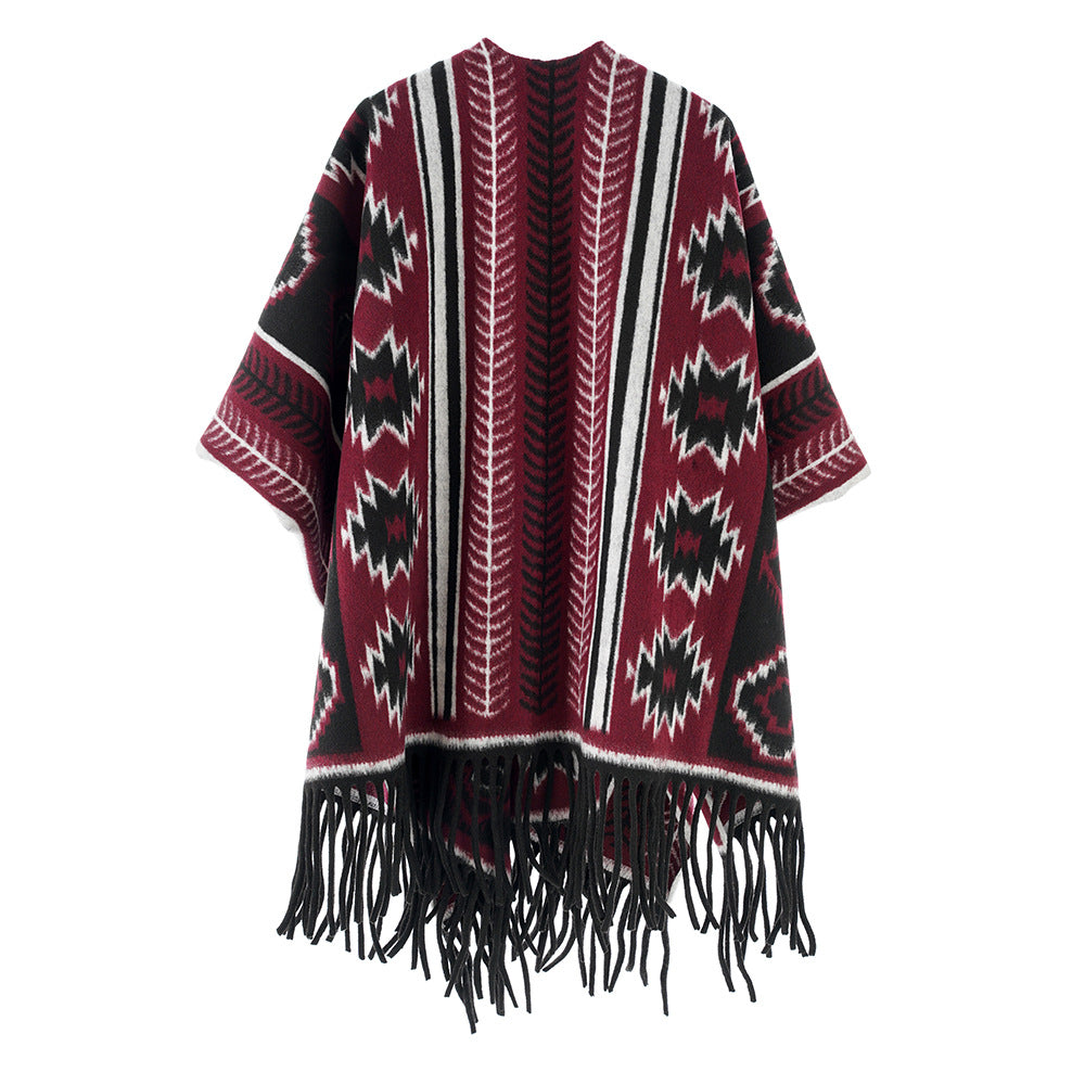 Women's Aztec-inspired fringe poncho cape in oversized rectangular cut Mune Fashion