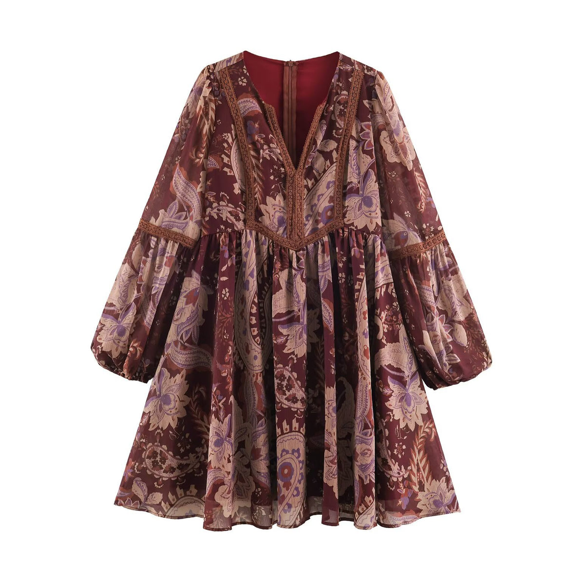 Women’s Boho Mini Dress with V-Neck, Lace Trim and Balloon Sleeves Mune Fashion