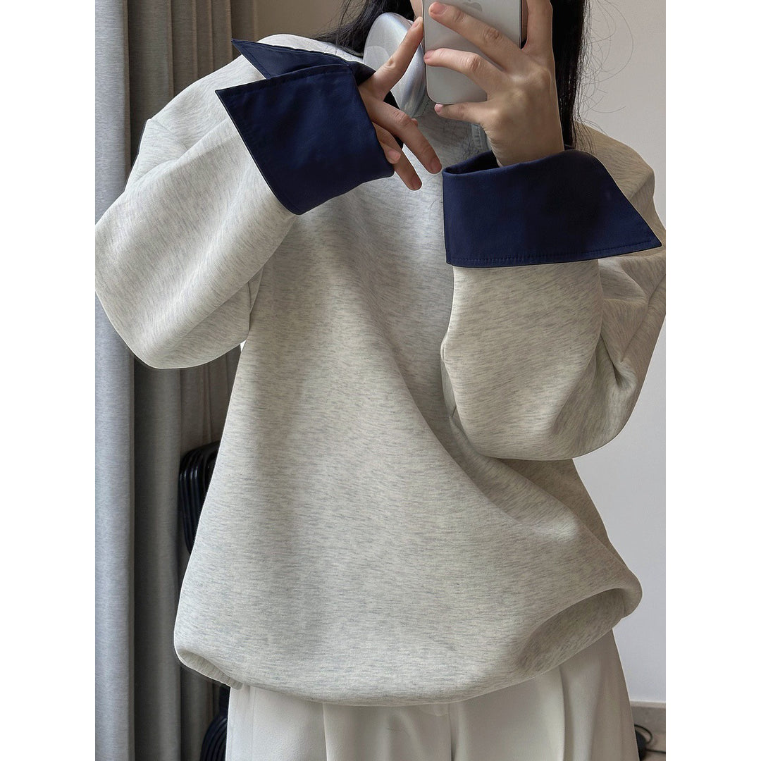 Women Oversized Sweatshirt with Contrast-Trimmed Cuffs Mune Fashion