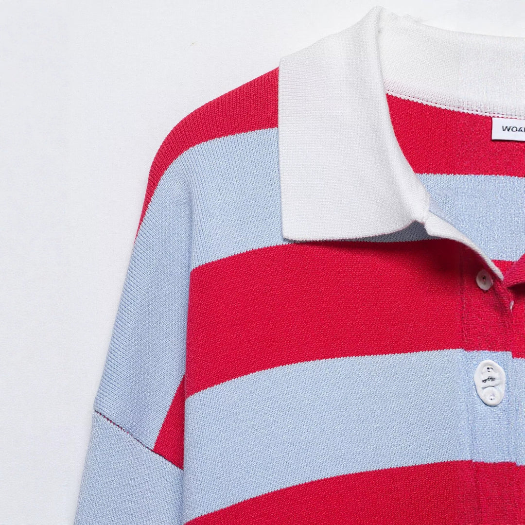 Women's Striped Rugby Sweater with Open Polo Collar Mune Fashion