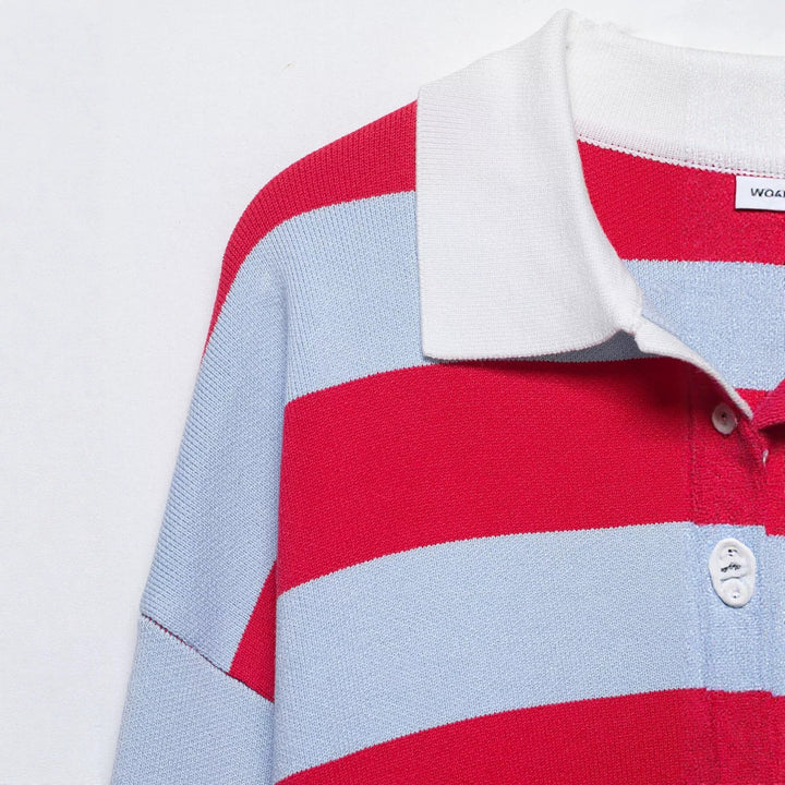 Women's Striped Rugby Sweater with Open Polo Collar Mune Fashion