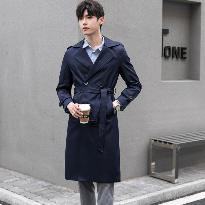 Men Water-repellent Trench Coat with Double Row, Classic Lapels and Waist Belt Mune Fashion