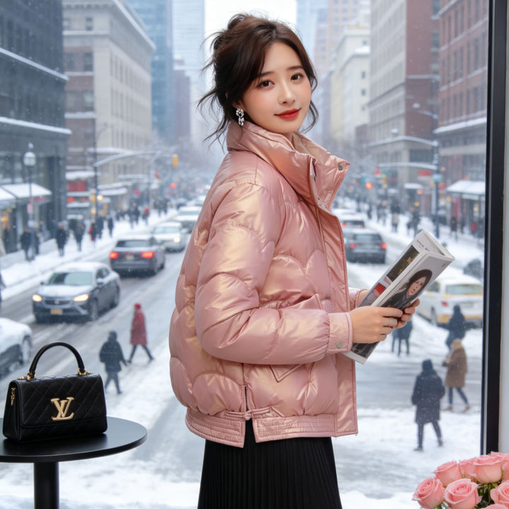 Women Shiny Quilted Jacket with High Collar Mune Fashion