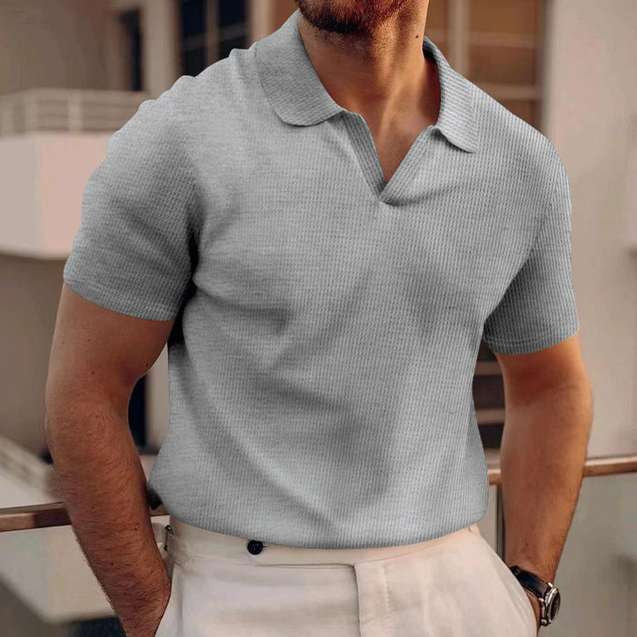 Men's textured collar top with open V-neck and light waffle structure Mune Fashion