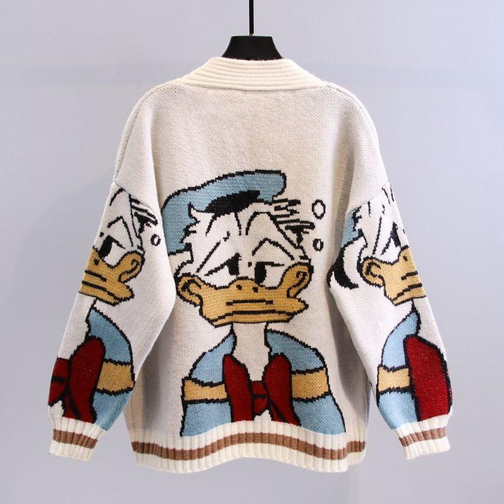 Women Oversized Knit Cardigan with Comic Jacquard Pattern and Applied Pockets Mune Fashion