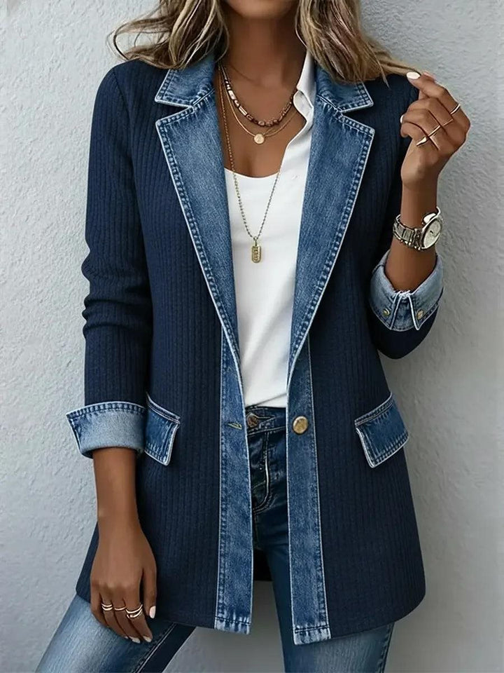 Women's Longline Knit Cardigan with Denim Collar and Hem Trim Mune Fashion