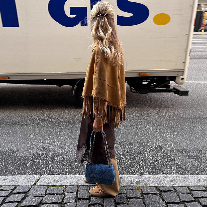 Women's Suede-Look Fringe Cape with Shirt Collar and Eyelet Decoration Mune Fashion