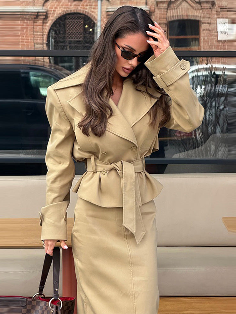 Women Tailored Trench Set with Peplum, Tied Belt & Pencil Skirt Mune Fashion