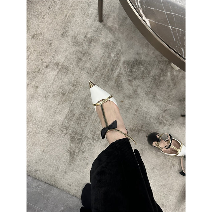 Ladies Elegant Pointed Toe Pumps with Fine Jewel Chain T-Strap Mune Fashion