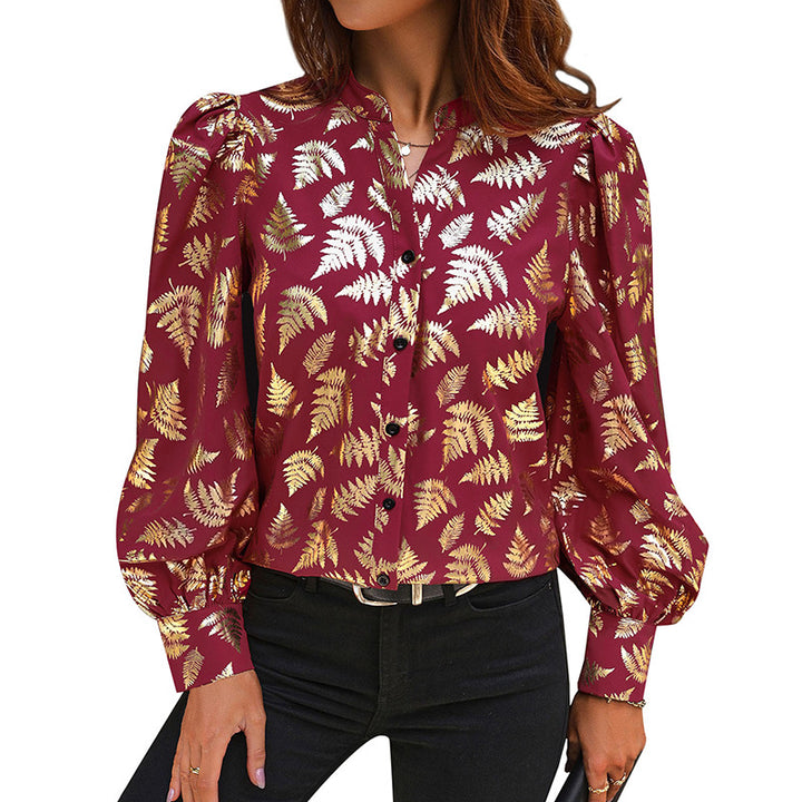 Women's satin blouse with metallic fern print, stand collar & puff sleeves Mune Fashion