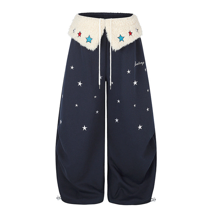 Women's Extra Wide Palazzo Jogging Pants with Teddy Waistband, Drawstring, and Star Embroidery Mune Fashion
