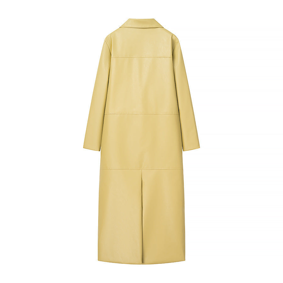 Women's long vegan coat with continuous button placket, panel seams, and shirt collar Mune Fashion