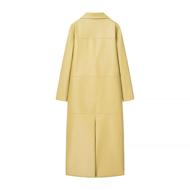 Women's long vegan coat with continuous button placket, panel seams, and shirt collar Mune Fashion
