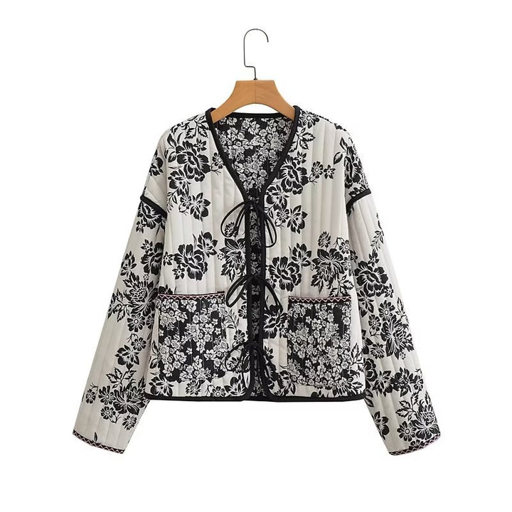 Women's Quilted Short Jacket with Floral Allover Print and Tie Ribbons Mune Fashion
