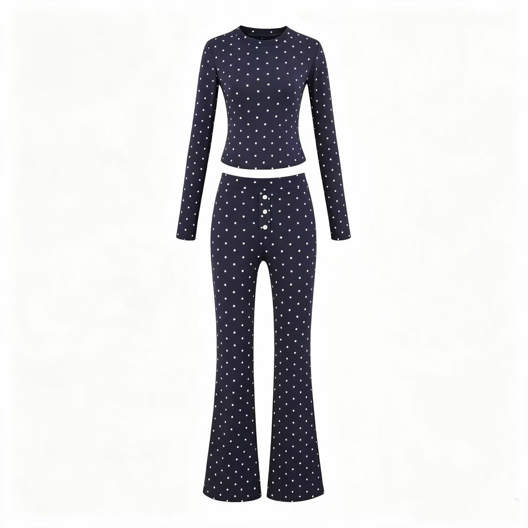 Women Two-Piece Stretch Jersey Lounge Set with Cropped Long Sleeve and High-Waist Flared Pants Mune Fashion