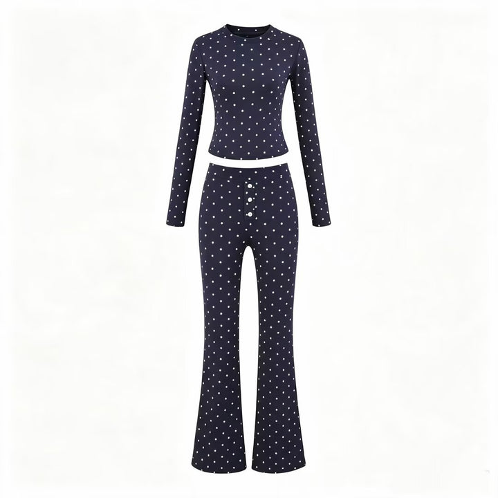 Women Two-Piece Stretch Jersey Lounge Set with Cropped Long Sleeve and High-Waist Flared Pants Mune Fashion