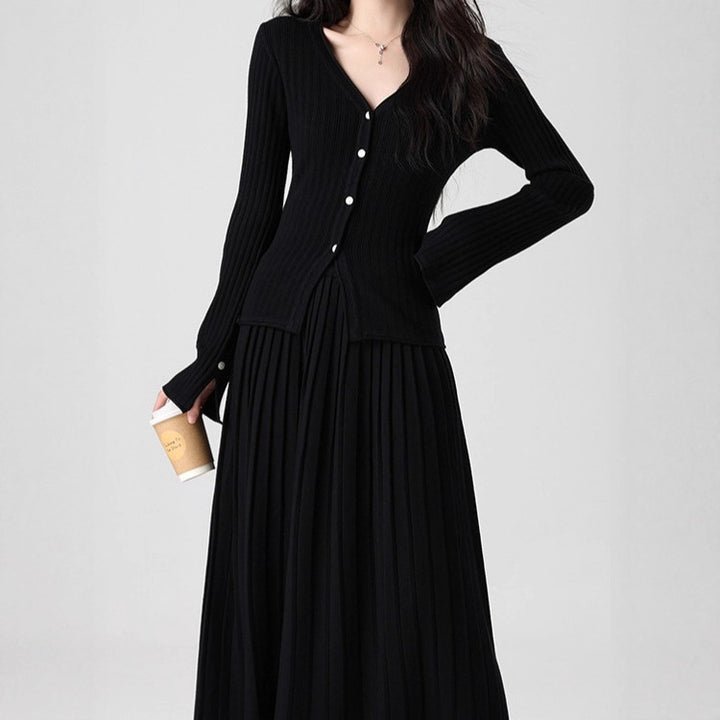 Women's Fine Knit Set with V-Neck Cardigan and Pleated Maxi Skirt Mune Fashion