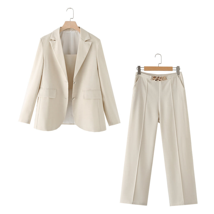 Ladies' three-piece suit set with chain crop top, loose blazer, and high-waisted pleated trousers Mune Fashion