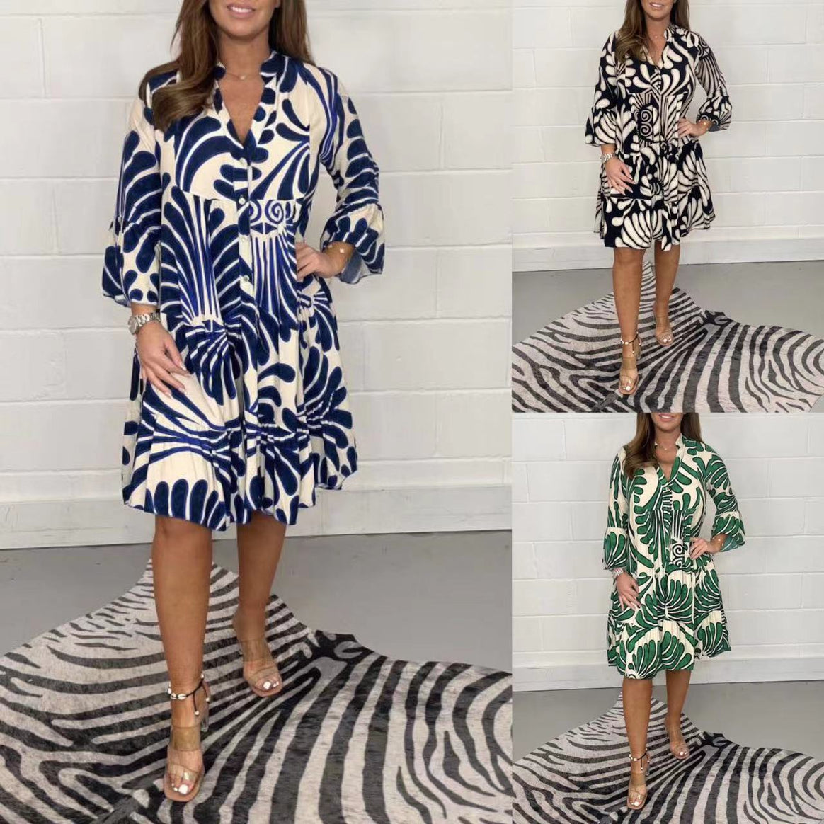 Women's tiered dress with large leaf print, V-neck and three-quarter sleeves Mune Fashion