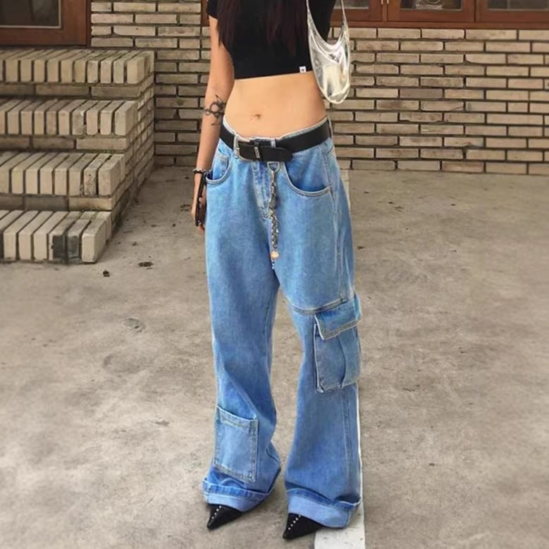 Women Extra Wide Baggy Jeans with Cargo Patches and Low Waist Mune Fashion