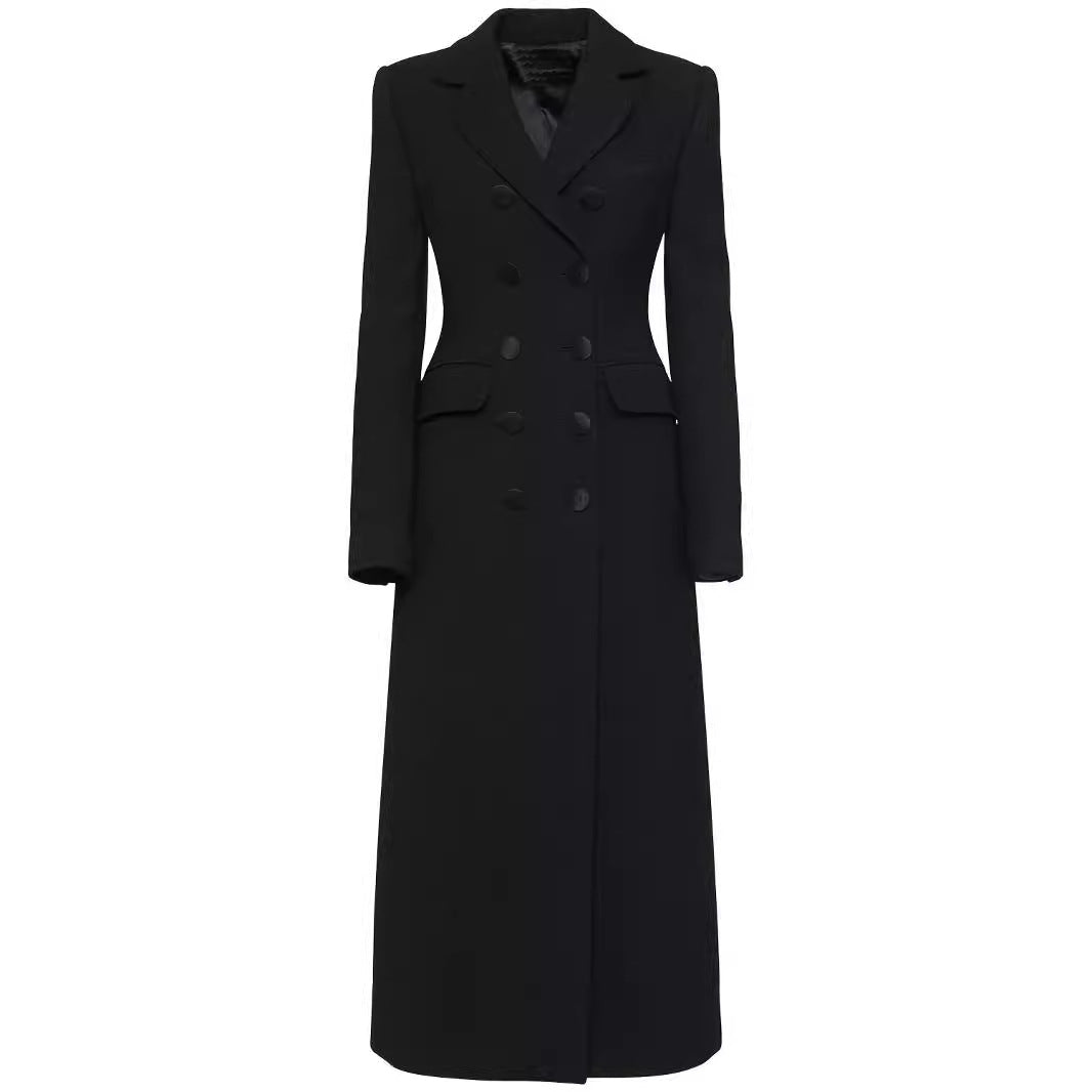 Women's Double-Breasted Tailored Blazer Dress with Maxi Length and Flap Pockets Mune Fashion