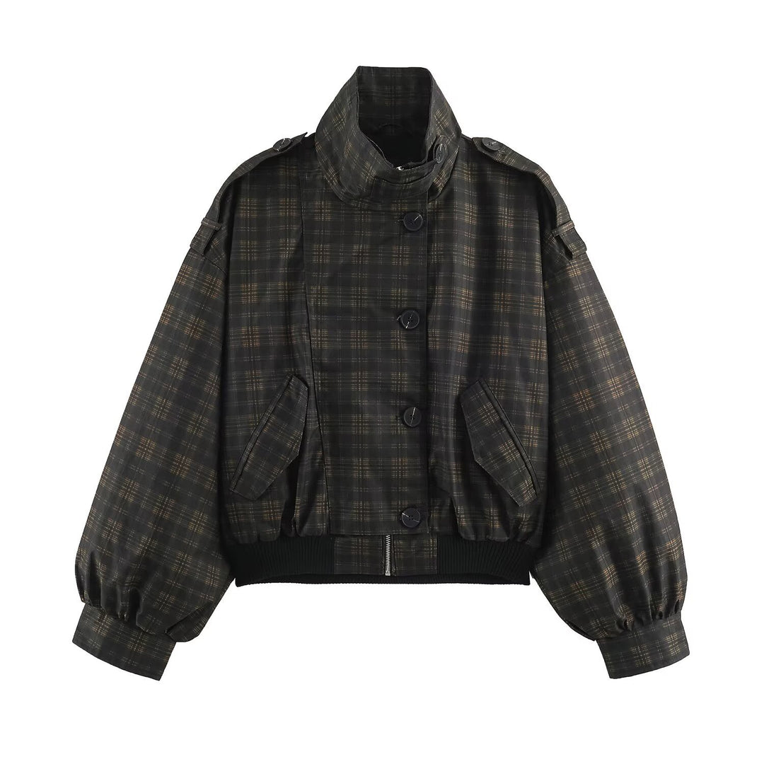 Ladies Checked Cropped Bomber with Wide Balloon Sleeves and High Stand-Up Collar Mune Fashion