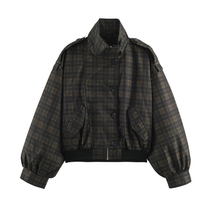 Ladies Checked Cropped Bomber with Wide Balloon Sleeves and High Stand-Up Collar Mune Fashion