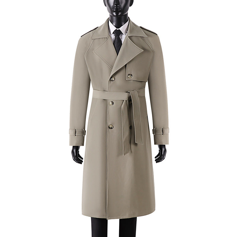 Men's Long Minimalist Trench Coat with Storm Flap, Waist Belt, and Adjustable Cuffs Mune Fashion