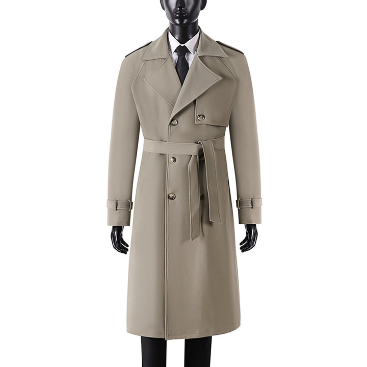 Men's Long Minimalist Trench Coat with Storm Flap, Waist Belt, and Adjustable Cuffs Mune Fashion