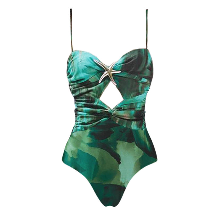 Women One-Piece Swimsuit with Sophisticated Cut-Out Design and Decorative Jewelry Mune Fashion
