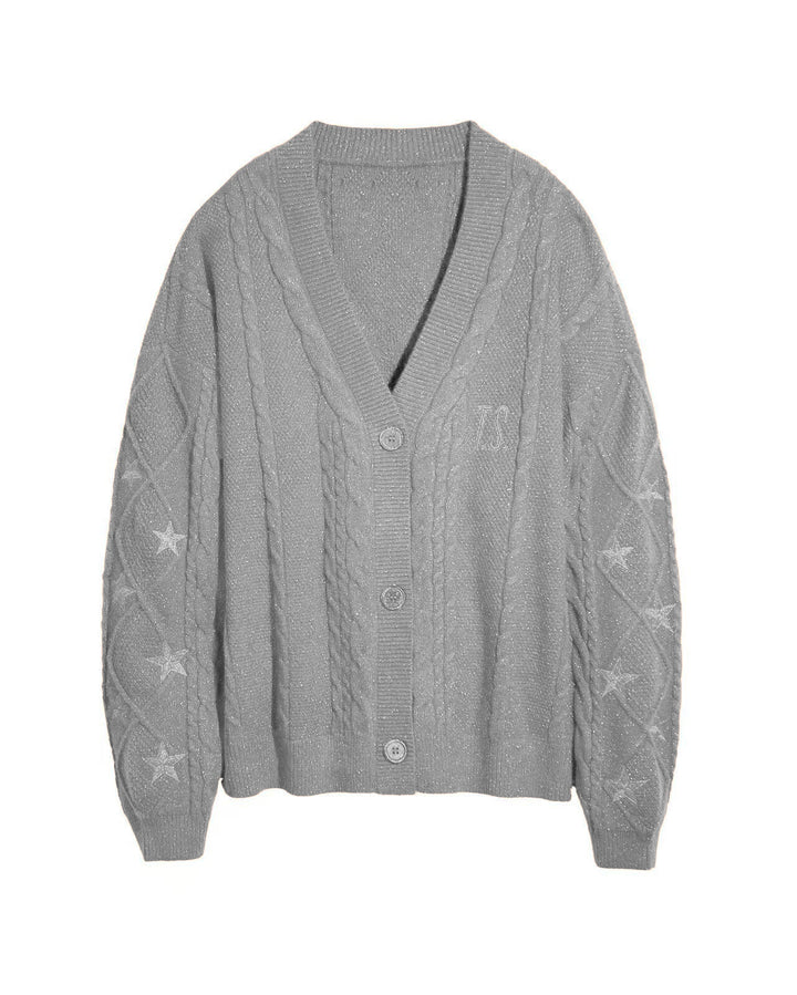 Women's oversized chunky knit cardigan with cable pattern, V-neck and star embroidery Mune Fashion