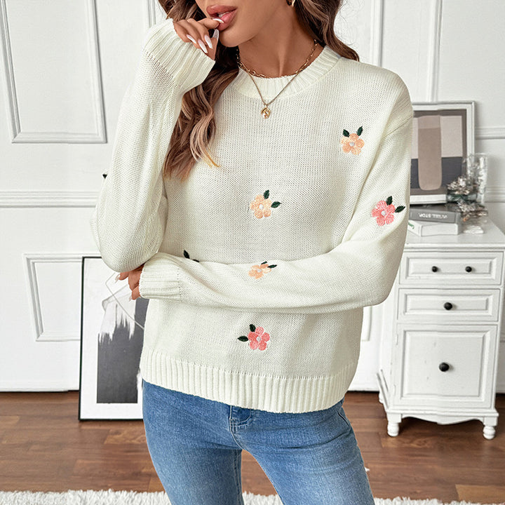 Women Playful Knit Sweater with Floral Accents Mune Fashion