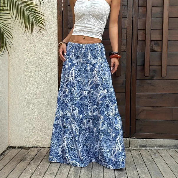 Women’s Maxi Skirt with Smocked Waist and Tiered Ruffle Mune Fashion