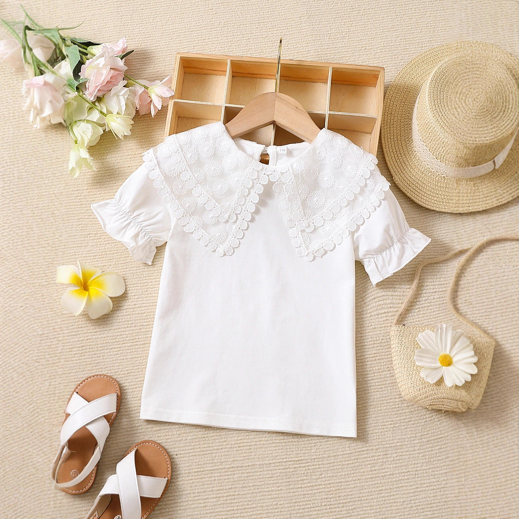 Girl's fashionable T-shirt with romantic ruffled collar Mune Fashion