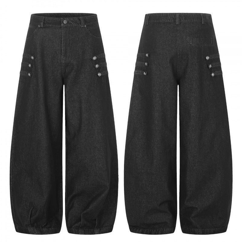 Women's high-waisted balloon jeans with wide leg, button detail and elastic hem Mune Fashion
