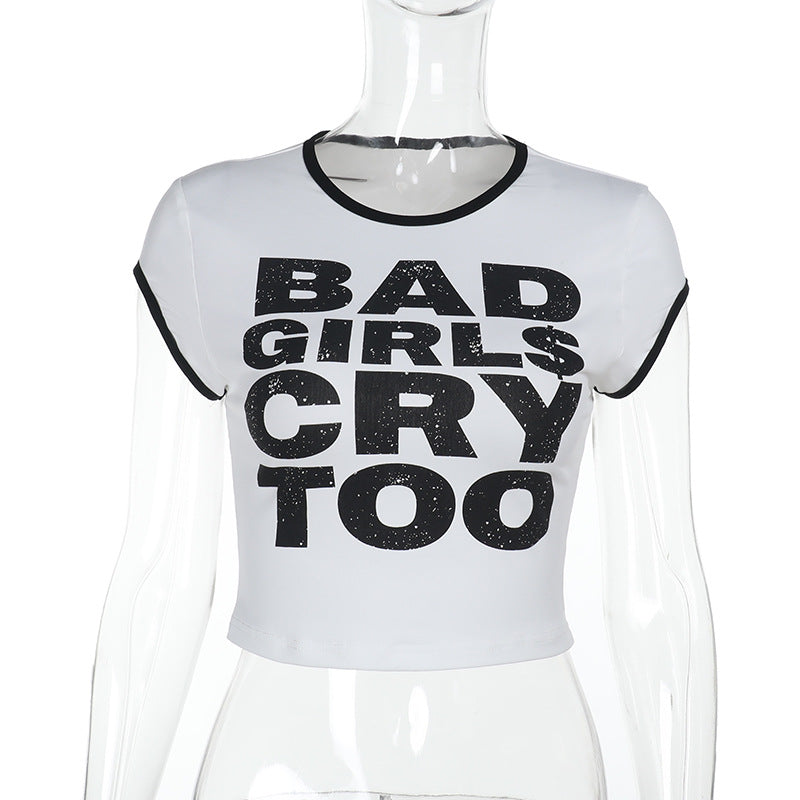 Damen Kurz geschnittenes Statement-Cropped-T-Shirt mit Ringer-Bündchen und figurbetonter Passform Mune Fashion