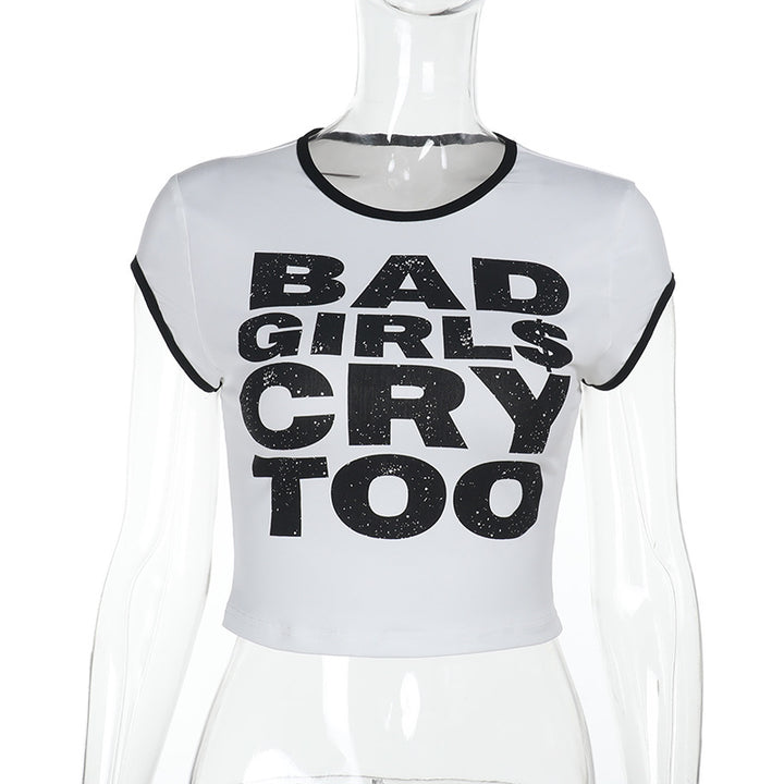 Damen Kurz geschnittenes Statement-Cropped-T-Shirt mit Ringer-Bündchen und figurbetonter Passform Mune Fashion