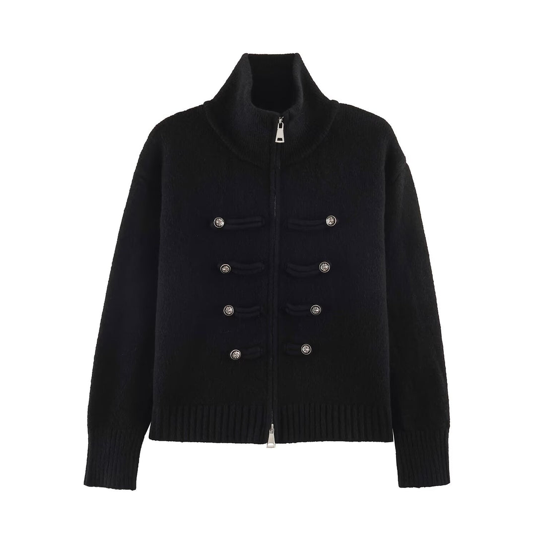 Women's cardigan with zipper, high stand-up collar, and decorative button plackets Mune Fashion