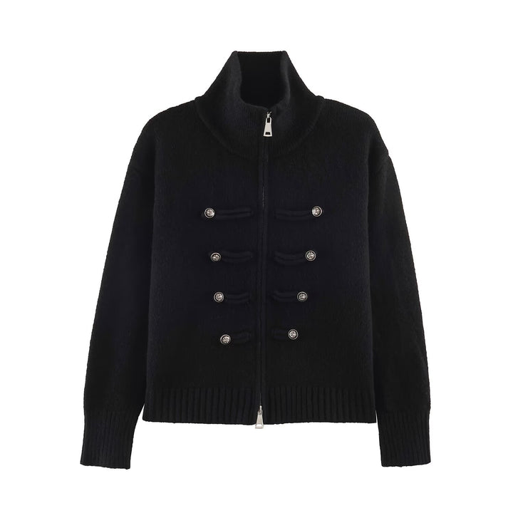 Women's cardigan with zipper, high stand-up collar, and decorative button plackets Mune Fashion