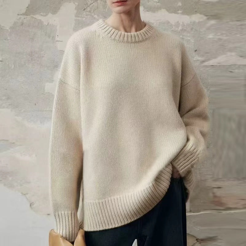 Women's Oversized Fine Knit Sweater with Round Neck, Dropped Shoulder and Ribbed Hem Mune Fashion